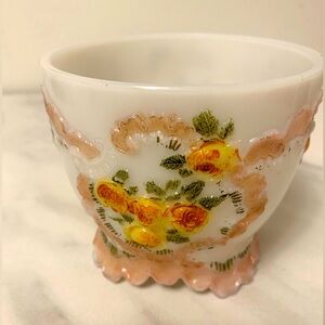 Antique Dithridge Rose Pattern Frosted Milk Glass Bowl W/Hand Painted Roses